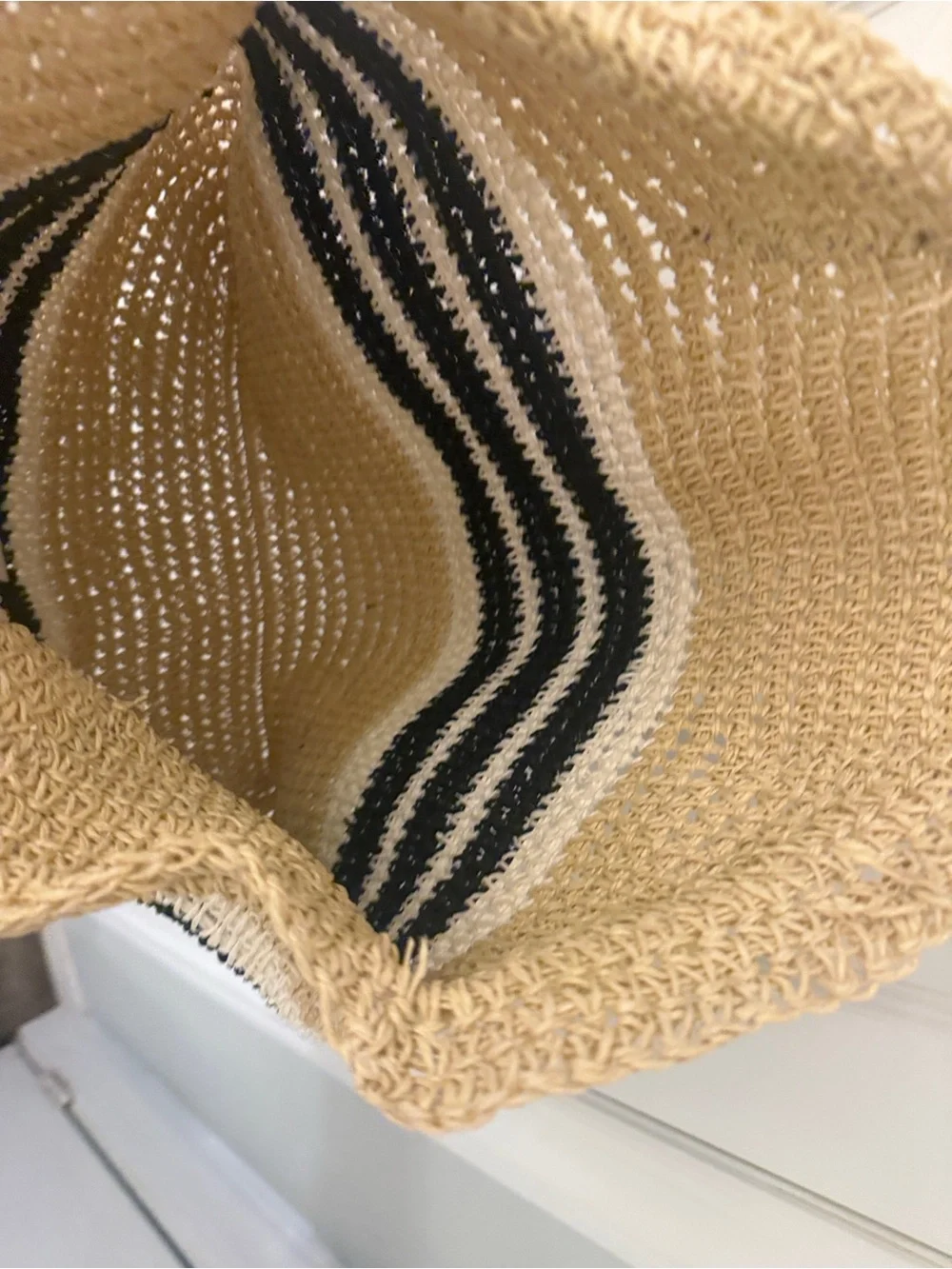 Aqua Natural Straw Tote with Black & White Stripes